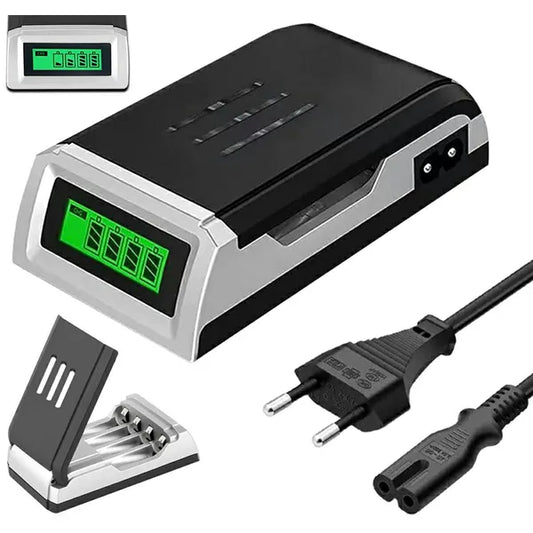 Univerzális AA/AAA/9V akkumulátor-töltő, 4 cellás, LCD-kijelzővel, hálózati adapterrel