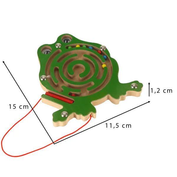 Mágneses golyólabirintus béka formában, fa, 15×11,5 cm