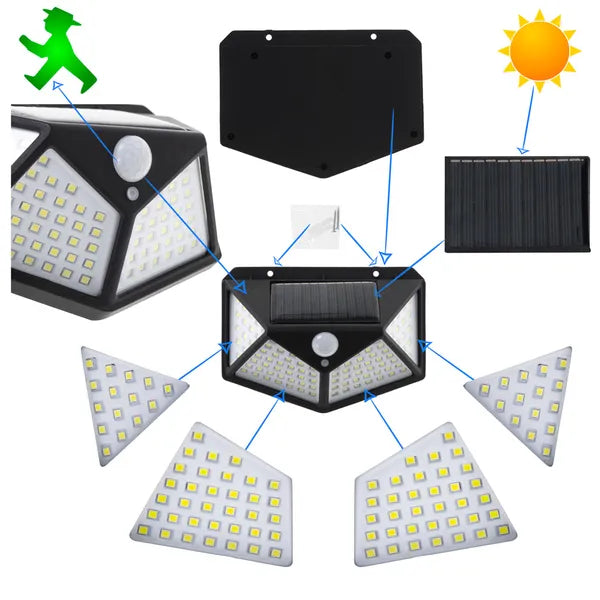 Kültéri szolár fali lámpa 100 LED-del, mozgás- és alkonyérzékelővel