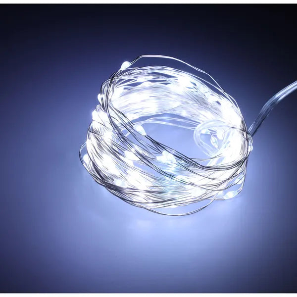 LED rézdrót fényfüzér 10 m 100 LED, hideg fehér, elemes beltéri