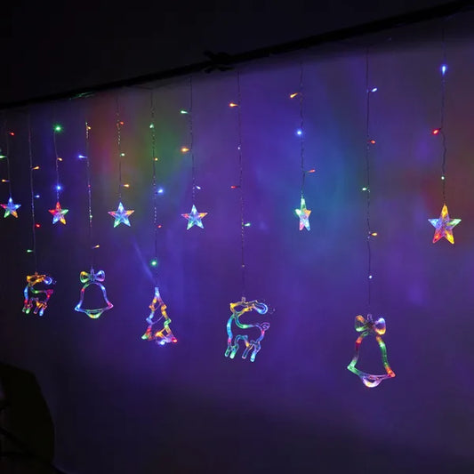 Karácsonyi LED fényfüggöny rénszarvas–csengő, 2,5 m, 138 LED, multiszín, IP44
