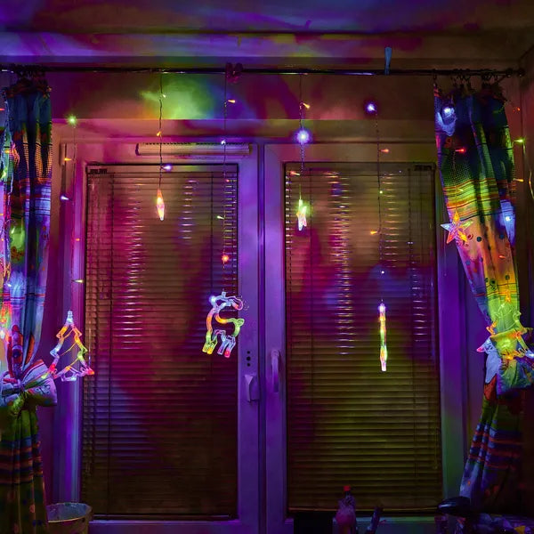 Karácsonyi LED fényfüggöny rénszarvas–csengő, 2,5 m, 138 LED, multiszín, IP44