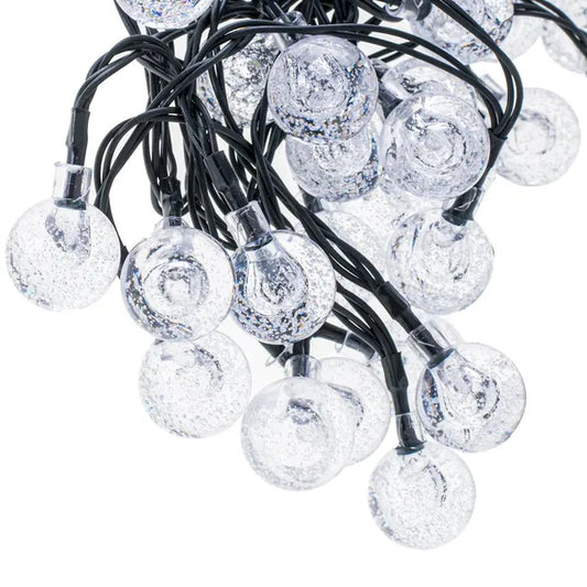Napelemes kerti LED gömbfüzér, 7 m, 50 hideg fehér LED, IP65