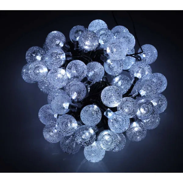 Napelemes kerti LED gömbfüzér, 7 m, 50 hideg fehér LED, IP65