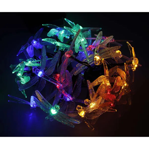 Napelemes szitakötős kerti fényfüzér, 30 LED, 6,5 m, multikolor, IP65
