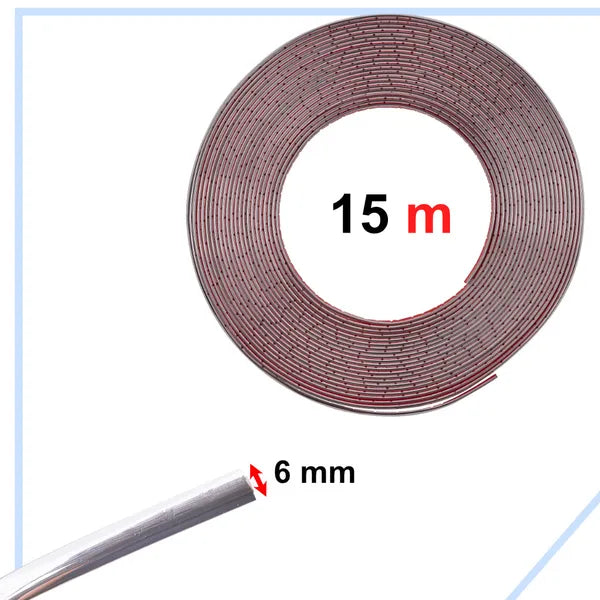 Öntapadó króm díszléc autóhoz, 13 mm x 15 m, ezüstszínű gumi