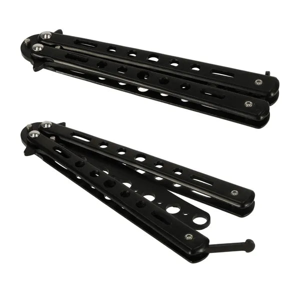 Pillangókés tréningre, tompa penge, összecsukható, fekete, 22 cm