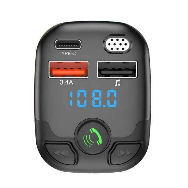 Autós Bluetooth 5.0 FM transzmitter, USB‑A+USB‑C 3.4A, microSD, LCD, RGB