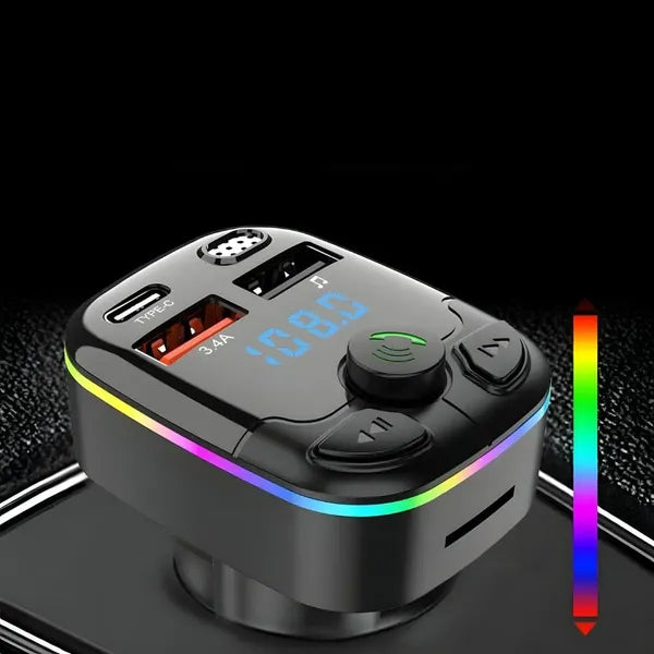 Autós Bluetooth 5.0 FM transzmitter, USB‑A+USB‑C 3.4A, microSD, LCD, RGB