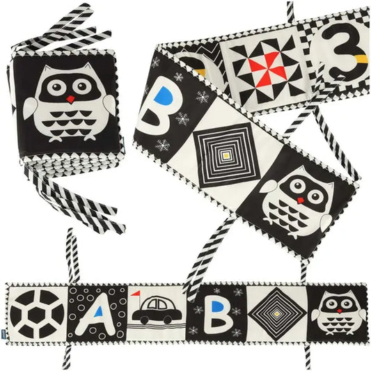 Kontrasztos textil babakönyv és rácsvédő, harmonika, 0+, 15×15 cm