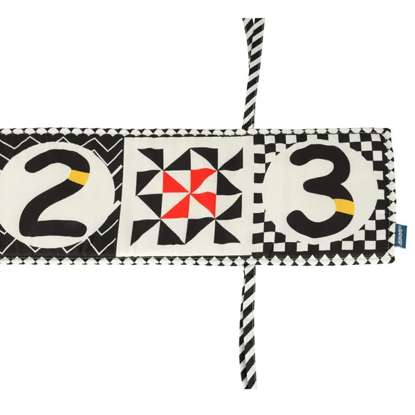 Kontrasztos textil babakönyv és rácsvédő, harmonika, 0+, 15×15 cm