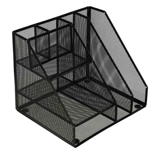 Fekete fém hálós A4 írószer asztali rendező, 6 rekeszes, 31×25,5×25,5 cm