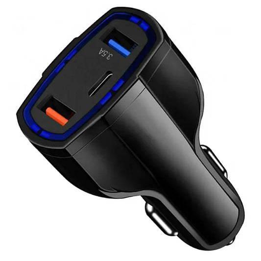 Autós töltő QC 3.0, USB‑C + 2×USB, 3.1A, 12–24V, fekete