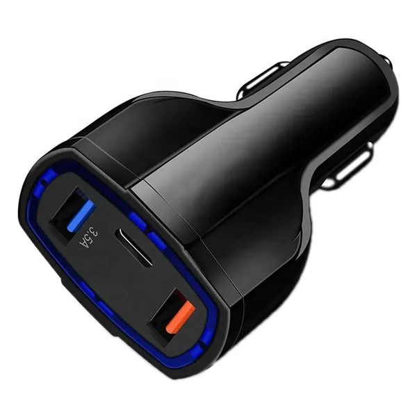 Autós töltő QC 3.0, USB‑C + 2×USB, 3.1A, 12–24V, fekete