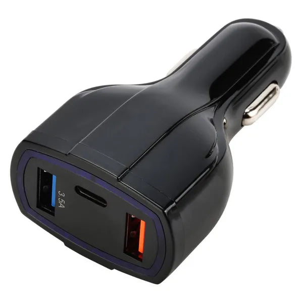 Autós töltő QC 3.0, USB‑C + 2×USB, 3.1A, 12–24V, fekete