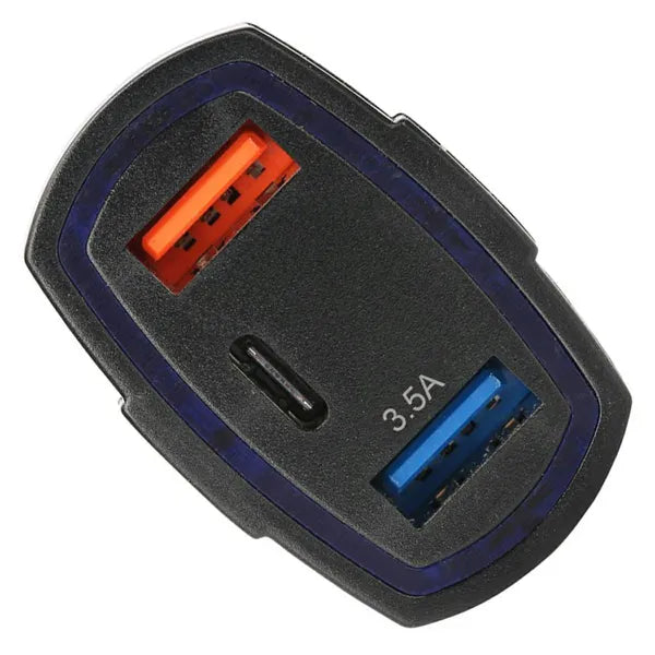 Autós töltő QC 3.0, USB‑C + 2×USB, 3.1A, 12–24V, fekete