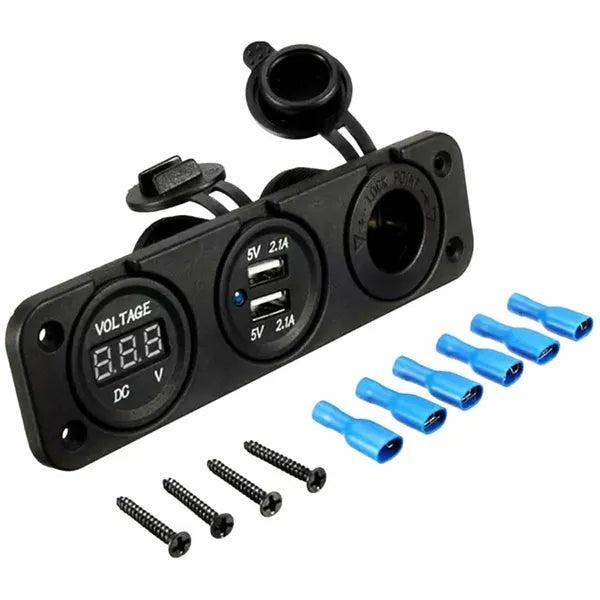 12V szivargyújtó aljzat panel USB 2.1A+1A és voltmérő, fröccsenésálló