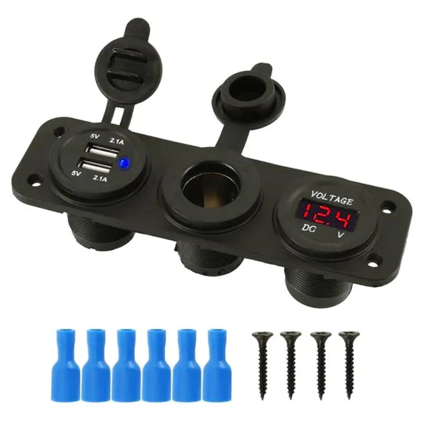 12V szivargyújtó aljzat panel USB 2.1A+1A és voltmérő, fröccsenésálló
