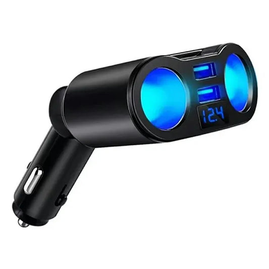 Autós szivargyújtó elosztó 2 aljzattal, 2×USB 3,1A, voltmérő, 12–24 V, 100 W