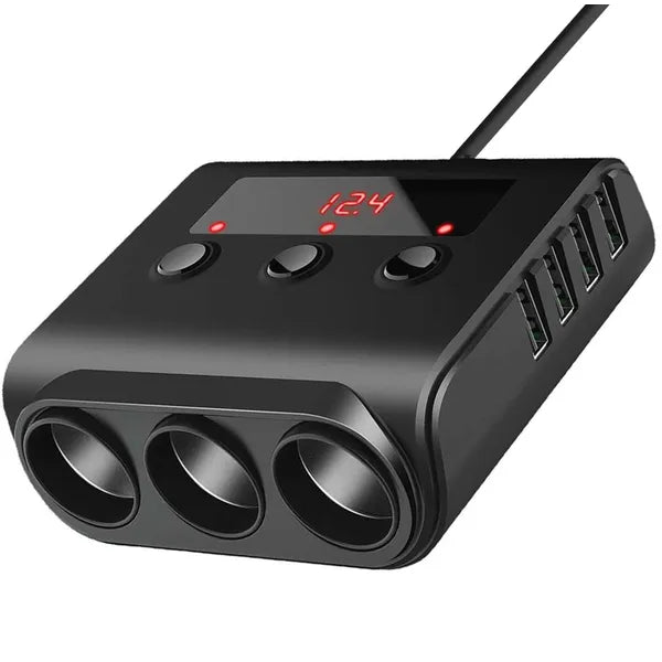 Autós szivargyújtó elosztó 3 aljzattal + 4x USB, voltmérő, 12–24V, 120W
