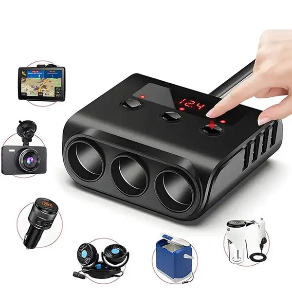 Autós szivargyújtó elosztó 3 aljzattal + 4x USB, voltmérő, 12–24V, 120W
