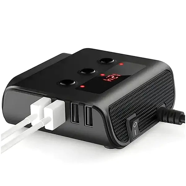 Autós szivargyújtó elosztó 3 aljzattal + 4x USB, voltmérő, 12–24V, 120W