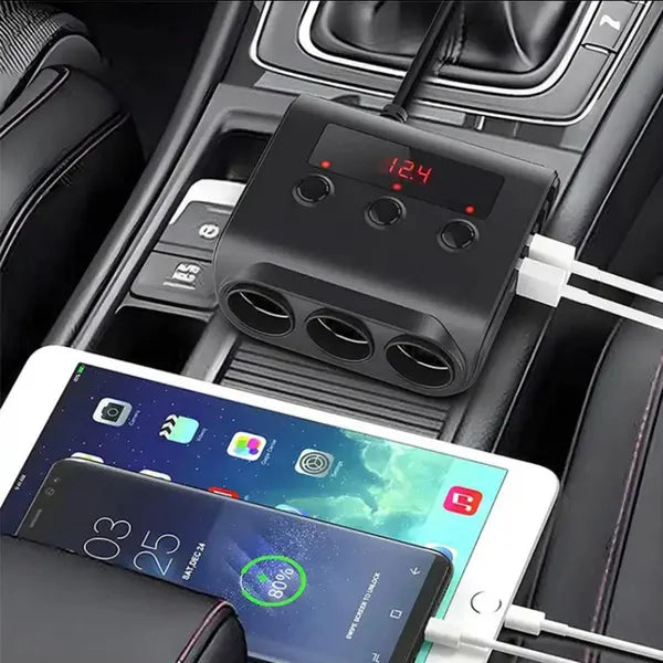 Autós szivargyújtó elosztó 3 aljzattal + 4x USB, voltmérő, 12–24V, 120W