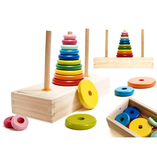 Fa szivárványos Hanoi torony logikai játék és karikás sorter, 23×10 cm