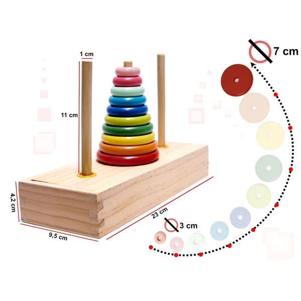 Fa szivárványos Hanoi torony logikai játék és karikás sorter, 23×10 cm