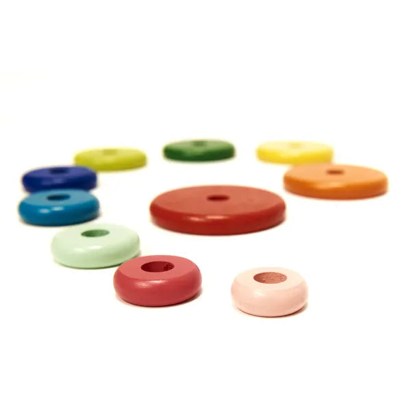 Fa szivárványos Hanoi torony logikai játék és karikás sorter, 23×10 cm