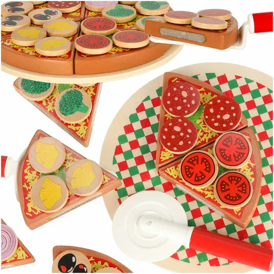 Fa pizzaszeletelős játékkészlet, 27 db, 20 cm, tépőzáras szeletek
