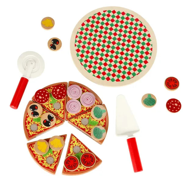 Fa pizzaszeletelős játékkészlet, 27 db, 20 cm, tépőzáras szeletek