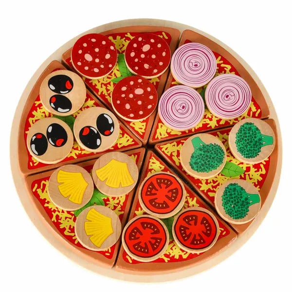 Fa pizzaszeletelős játékkészlet, 27 db, 20 cm, tépőzáras szeletek