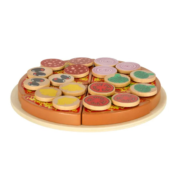 Fa pizzaszeletelős játékkészlet, 27 db, 20 cm, tépőzáras szeletek