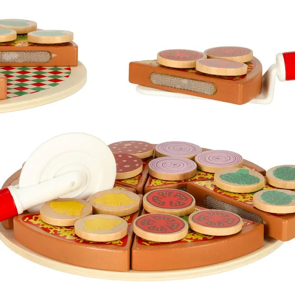 Fa pizzaszeletelős játékkészlet, 27 db, 20 cm, tépőzáras szeletek