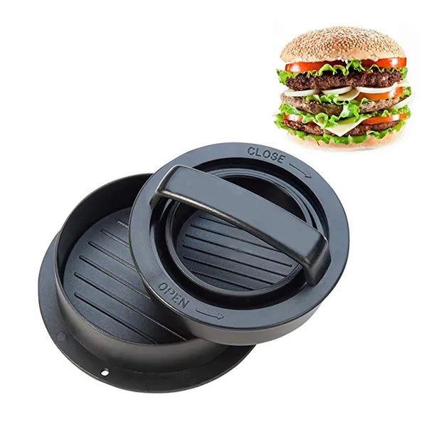 Hamburger pogácsa nyomó, fekete ABS, tapadásmentes, levehető fogantyú