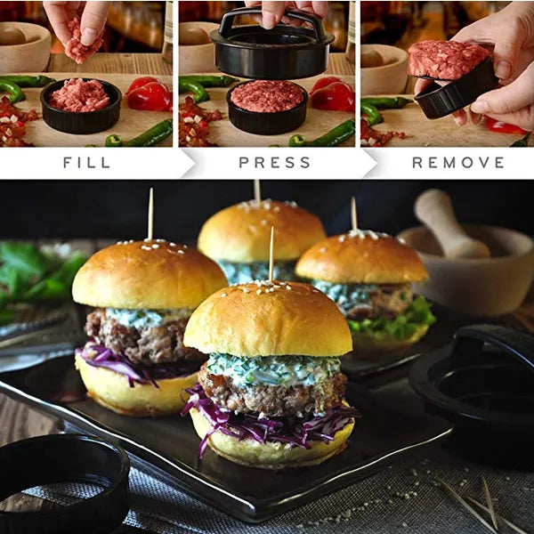 Hamburger pogácsa nyomó, fekete ABS, tapadásmentes, levehető fogantyú