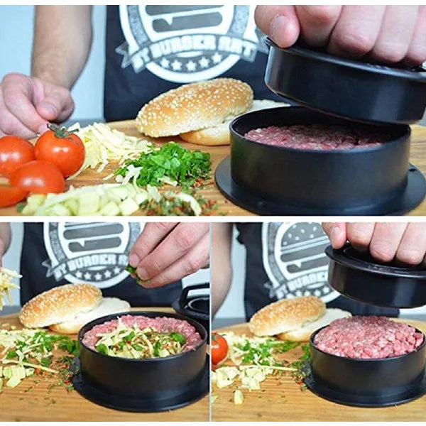 Hamburger pogácsa nyomó, fekete ABS, tapadásmentes, levehető fogantyú