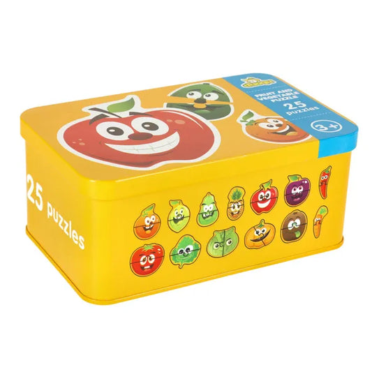 Gyümölcs- és zöldségmintás puzzle 25 db, fémdobozban