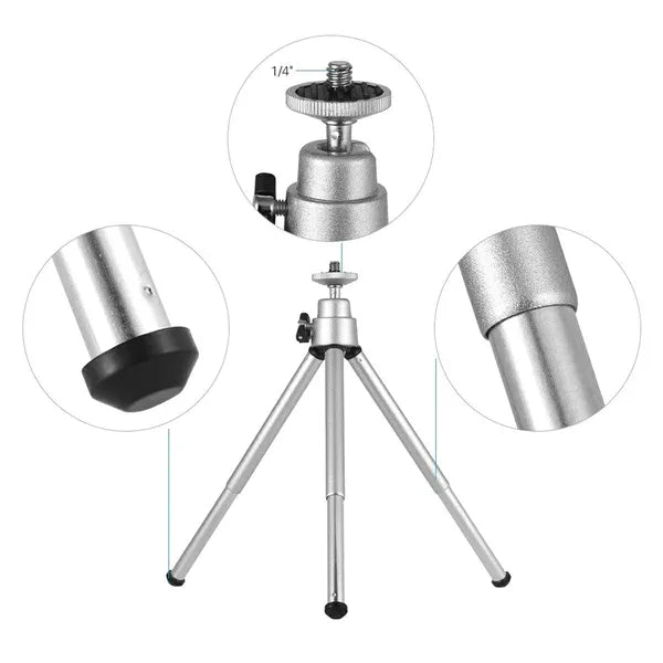Asztali mini alumínium állvány, 23 cm, 3 irányú fej, 1/4'' menet, ezüst