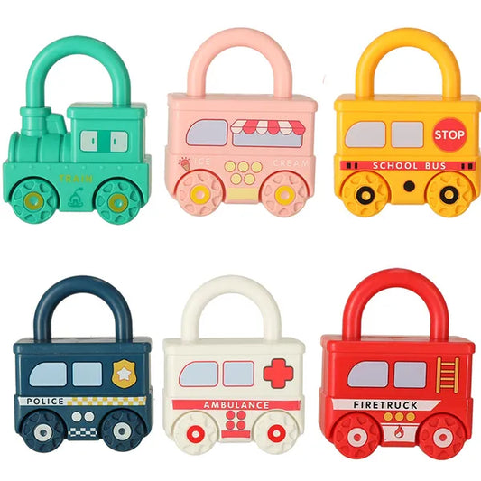 Montessori autós lakat puzzle, 6 jármű + 7 kulcs, 18 hó+
