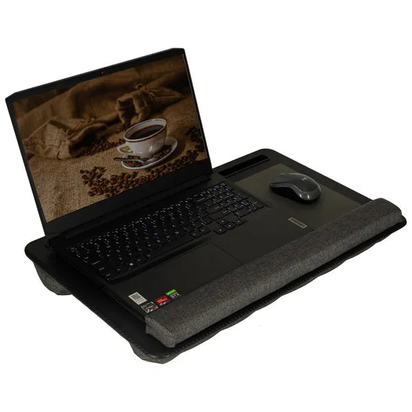 Fekete hordozható laptopasztal párnázott csuklótámasszal 58×38 cm
