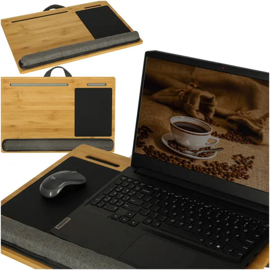Hordozható fa laptop asztal párnás aljjal, 55×37 cm, barna-szürke