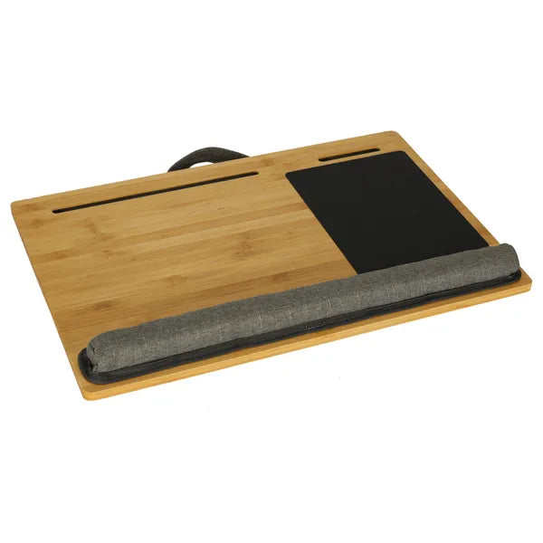 Hordozható fa laptop asztal párnás aljjal, 55×37 cm, barna-szürke