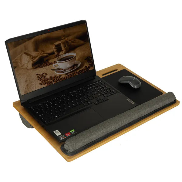 Hordozható fa laptop asztal párnás aljjal, 55×37 cm, barna-szürke