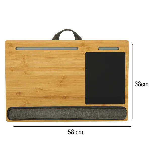 Hordozható fa laptop asztal párnás aljjal, 55×37 cm, barna-szürke