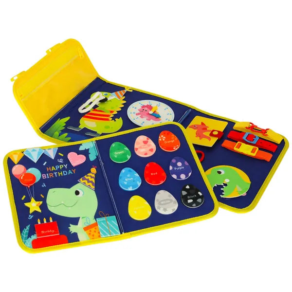 Montessori szenzoros foglalkoztató tábla, bőrönd-hátizsák, kék 3+