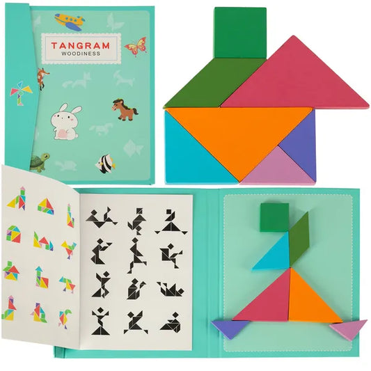Mágneses tangram könyv fa elemekkel, 96 mintával – Montessori 3D kirakó