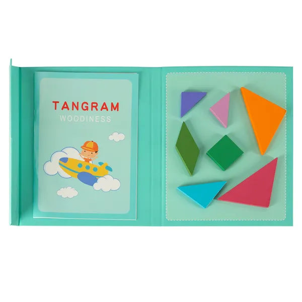Mágneses tangram könyv fa elemekkel, 96 mintával – Montessori 3D kirakó