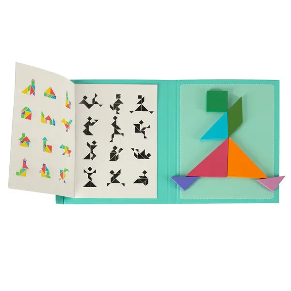 Mágneses tangram könyv fa elemekkel, 96 mintával – Montessori 3D kirakó